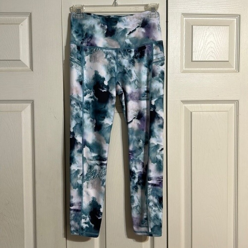 GAIAM Size Small Blue White Purple Watercolor Leggings Athleisure Workout Gym